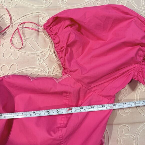 English Factory Scallop Tiered Pink Dress Size Medium Puff Sleeve Open Back Midi - Picture 10 of 12